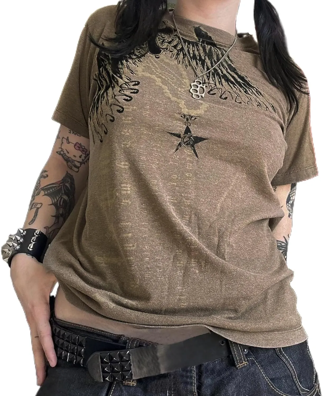 Women Y2K Fairy Grunge Clothes Short Sleeve Aesthetic Graphic Crop Tops 2000s E Girls Vintage Baggy Emo Tee Shirts