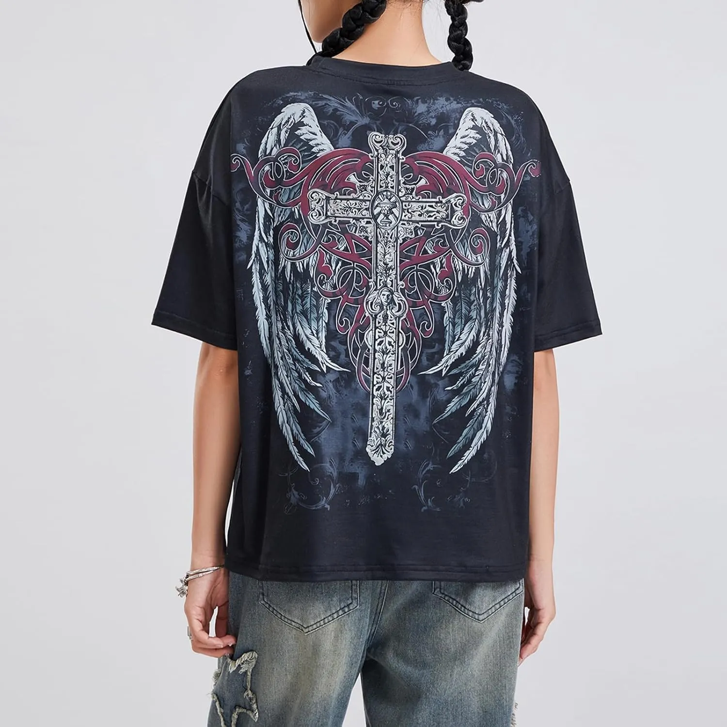 Women Y2K Fairy Grunge Clothes Short Sleeve Aesthetic Graphic Crop Tops 2000s E Girls Vintage Baggy Emo Tee Shirts