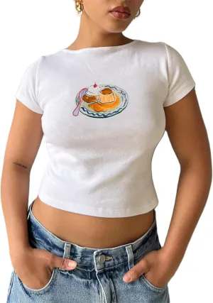 Women Y2k Short Sleeve Baby Tees Flower Butterfly Print Slim Fit Crew Neck Crop Top Summer Retro Cute Going Out Tops