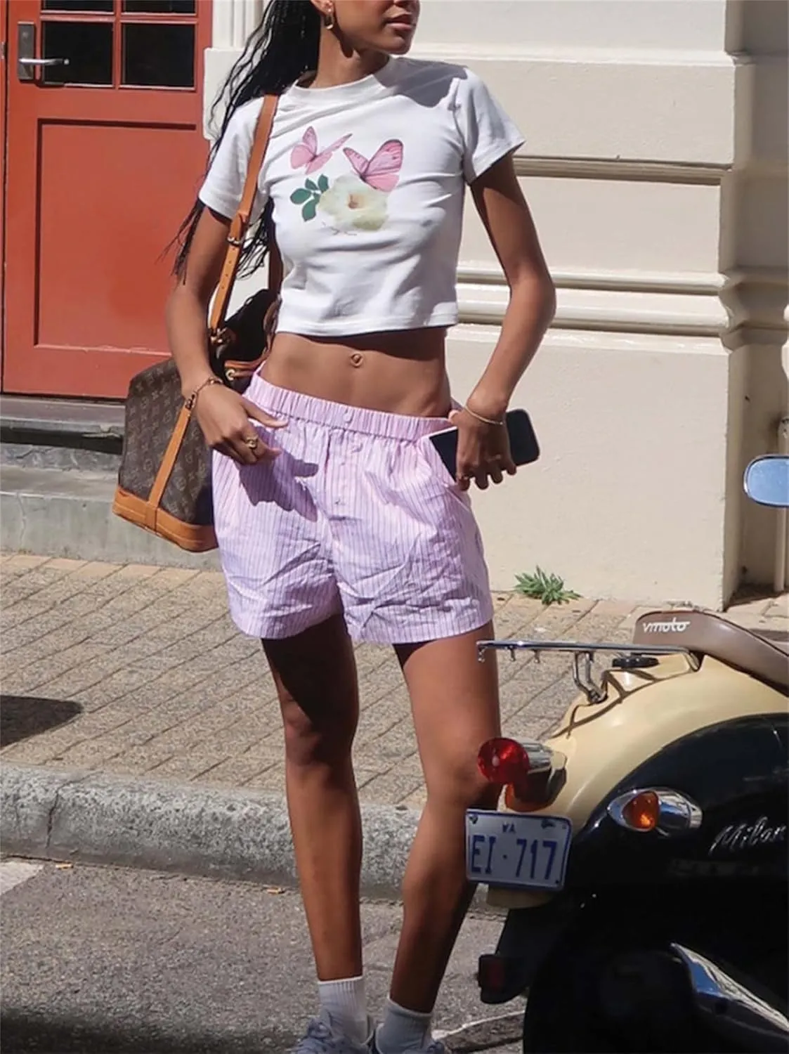 Women Y2k Short Sleeve Baby Tees Flower Butterfly Print Slim Fit Crew Neck Crop Top Summer Retro Cute Going Out Tops