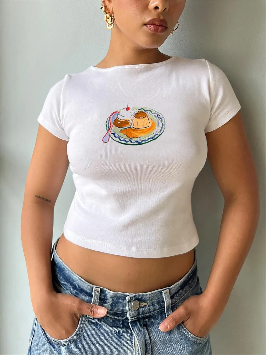 Women Y2k Short Sleeve Baby Tees Flower Butterfly Print Slim Fit Crew Neck Crop Top Summer Retro Cute Going Out Tops
