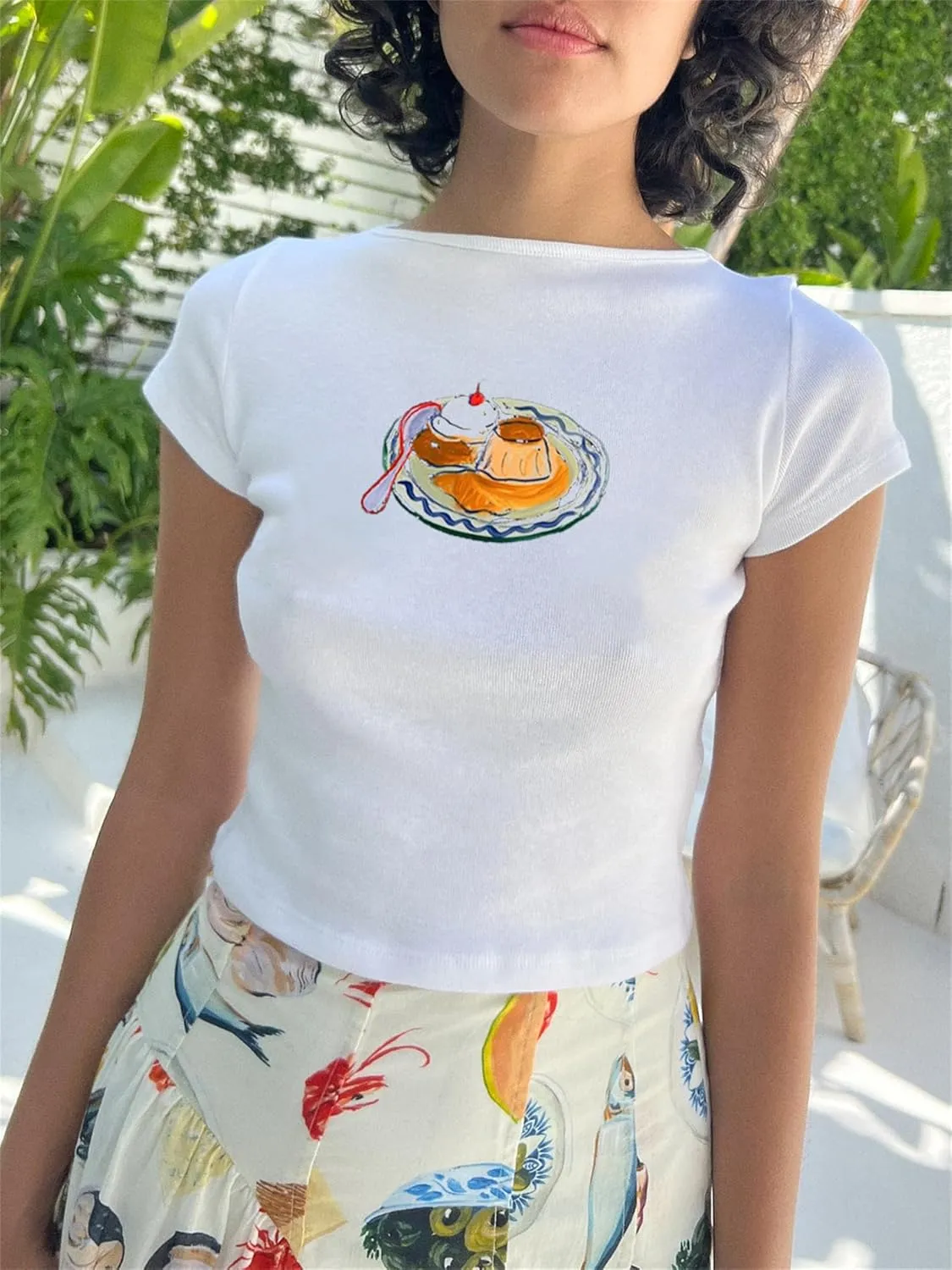 Women Y2k Short Sleeve Baby Tees Flower Butterfly Print Slim Fit Crew Neck Crop Top Summer Retro Cute Going Out Tops