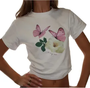 Women Y2k Short Sleeve Baby Tees Flower Butterfly Print Slim Fit Crew Neck Crop Top Summer Retro Cute Going Out Tops