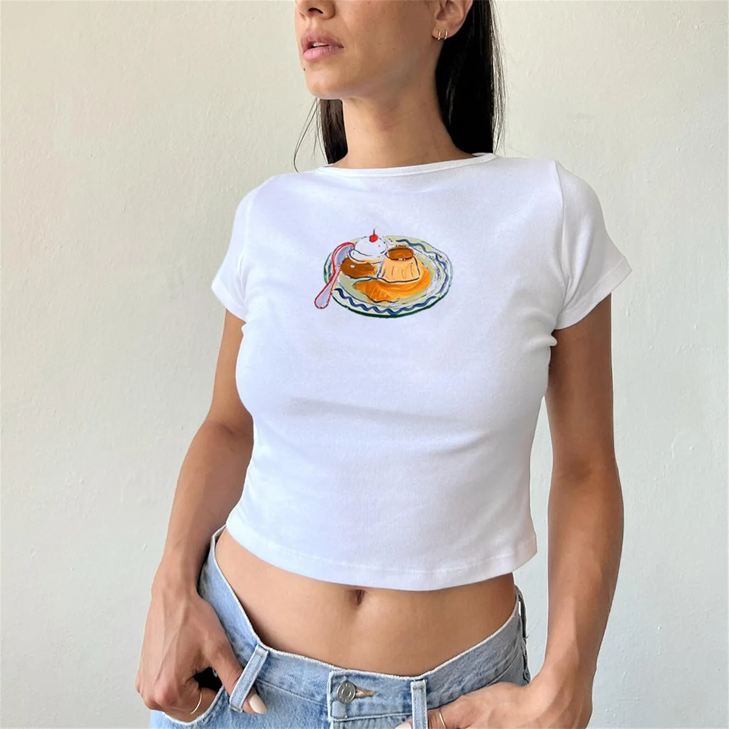 Women Y2k Short Sleeve Baby Tees Flower Butterfly Print Slim Fit Crew Neck Crop Top Summer Retro Cute Going Out Tops