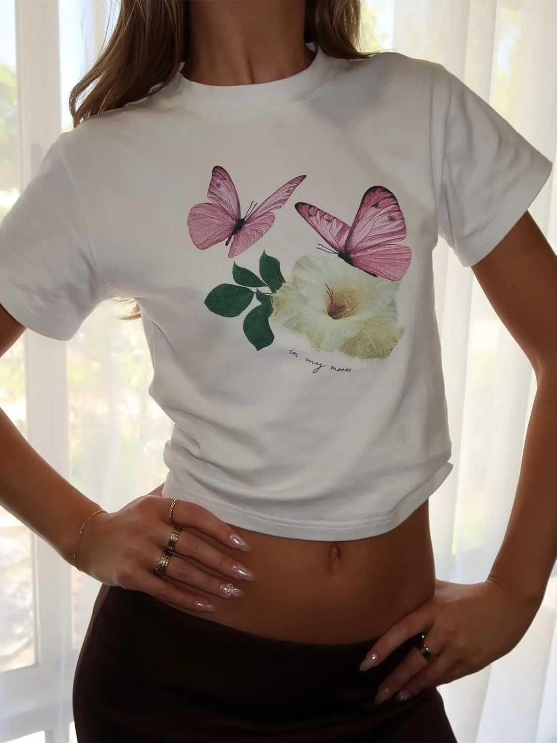 Women Y2k Short Sleeve Baby Tees Flower Butterfly Print Slim Fit Crew Neck Crop Top Summer Retro Cute Going Out Tops