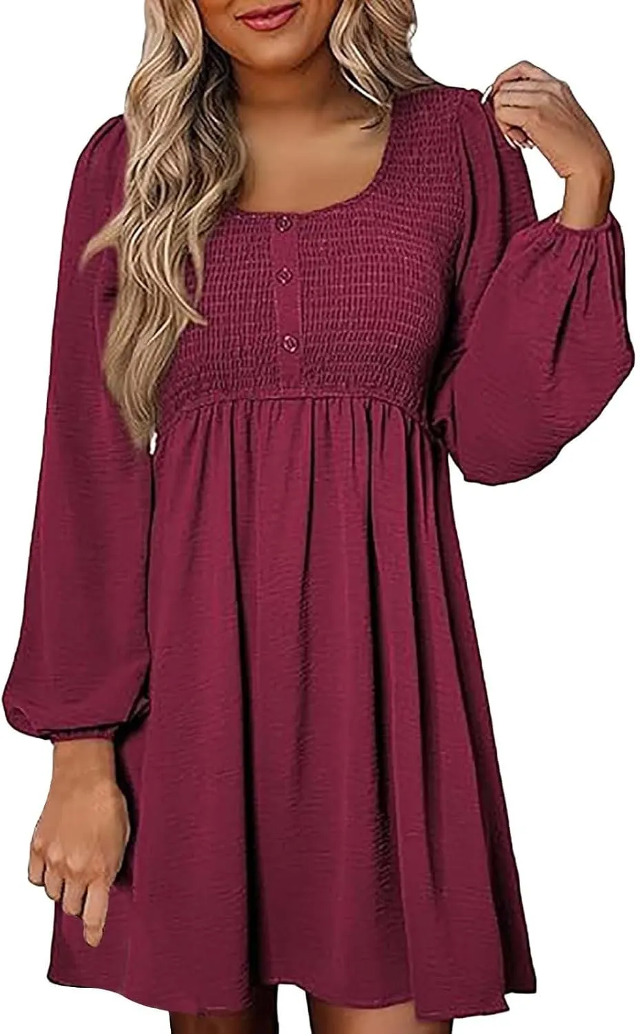 Womens 2024 Casual Dress Smocked Crewneck Button Up Long Sleeve Dresses Pleated Ruffle Flowy A-Line Waist Mini Dress