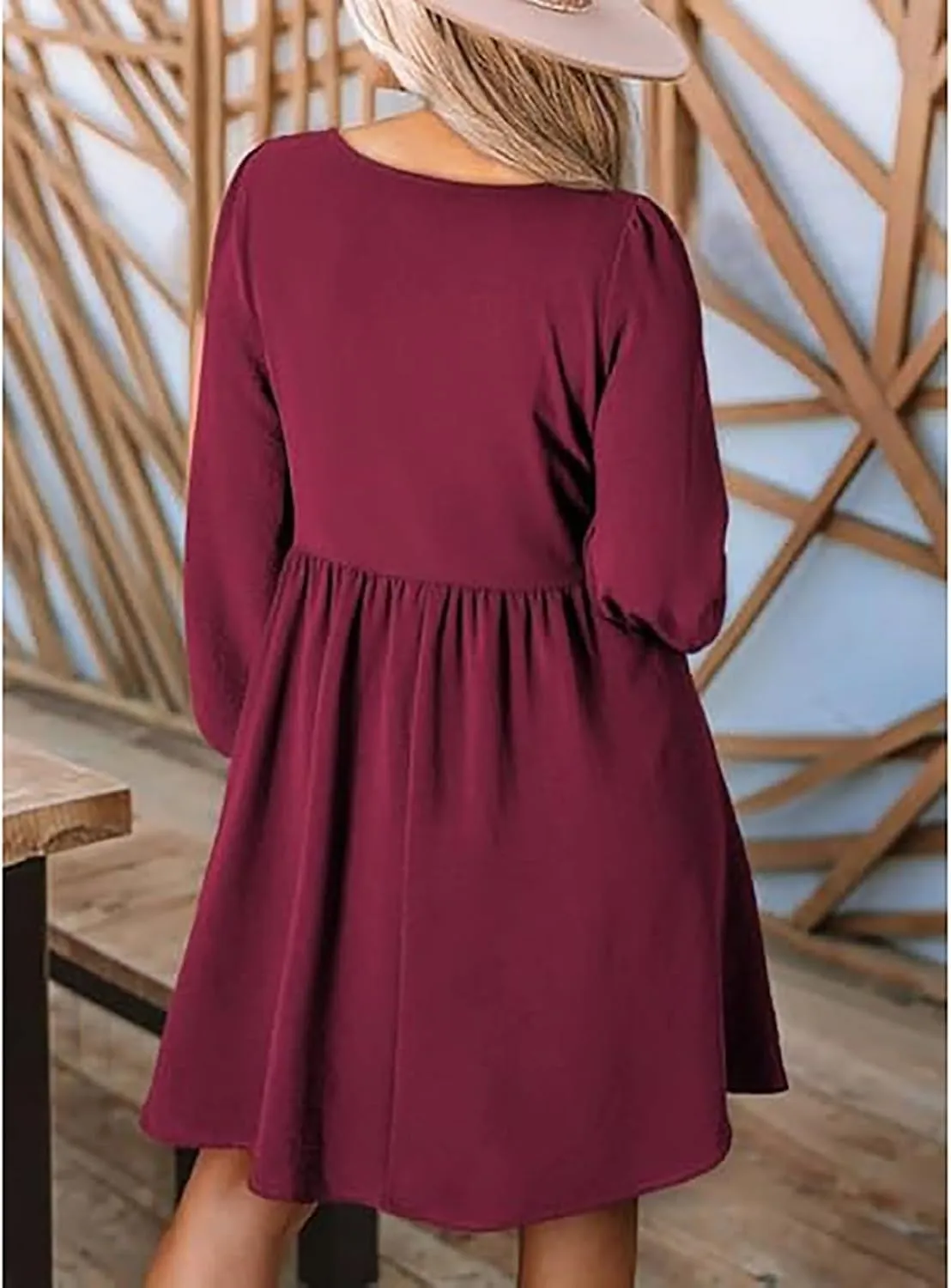 Womens 2024 Casual Dress Smocked Crewneck Button Up Long Sleeve Dresses Pleated Ruffle Flowy A-Line Waist Mini Dress