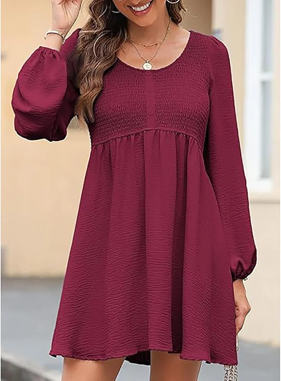 Womens 2024 Casual Dress Smocked Crewneck Button Up Long Sleeve Dresses Pleated Ruffle Flowy A-Line Waist Mini Dress