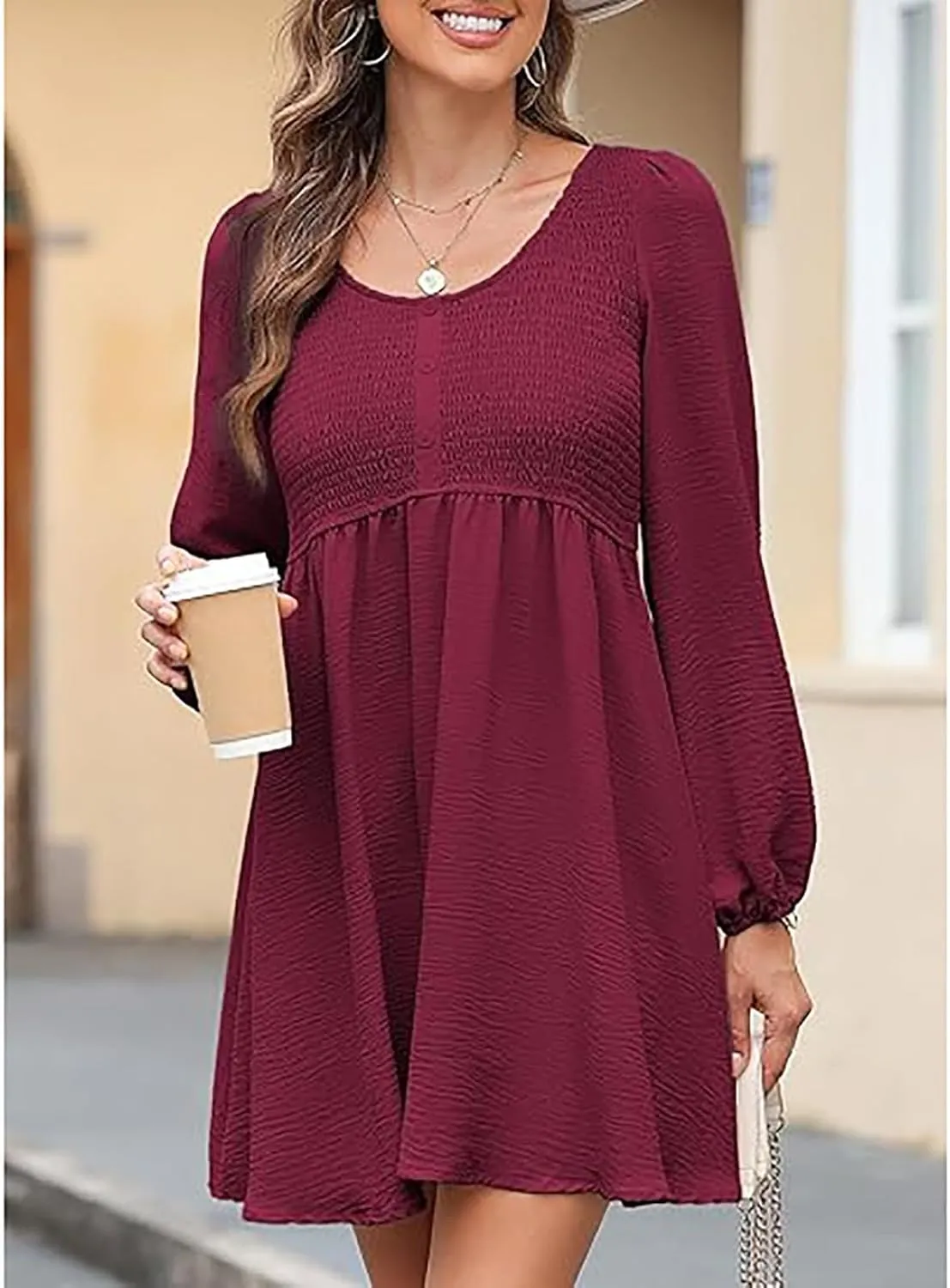 Womens 2024 Casual Dress Smocked Crewneck Button Up Long Sleeve Dresses Pleated Ruffle Flowy A-Line Waist Mini Dress