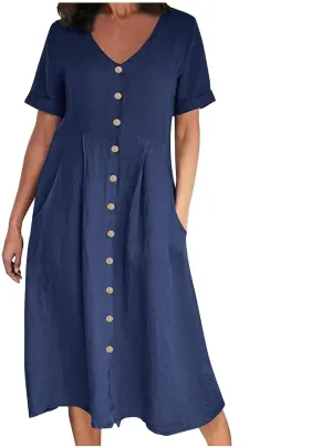 Women's 2025 Plus Size Cotton Linen Dresses Short Sleeve V-Neck Solid Shirt Dress Summer Loose Fit Dress with Pockets