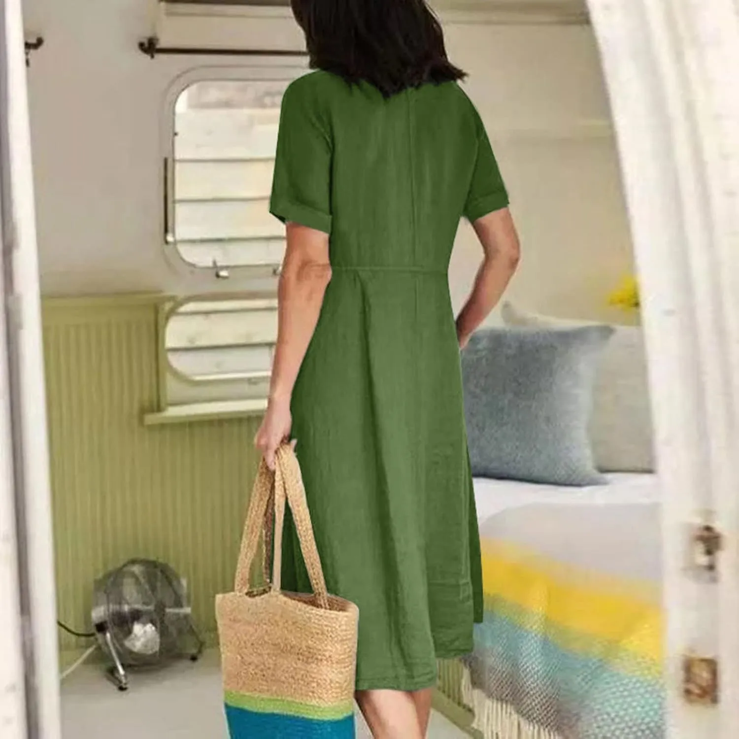 Women's 2025 Plus Size Cotton Linen Dresses Short Sleeve V-Neck Solid Shirt Dress Summer Loose Fit Dress with Pockets
