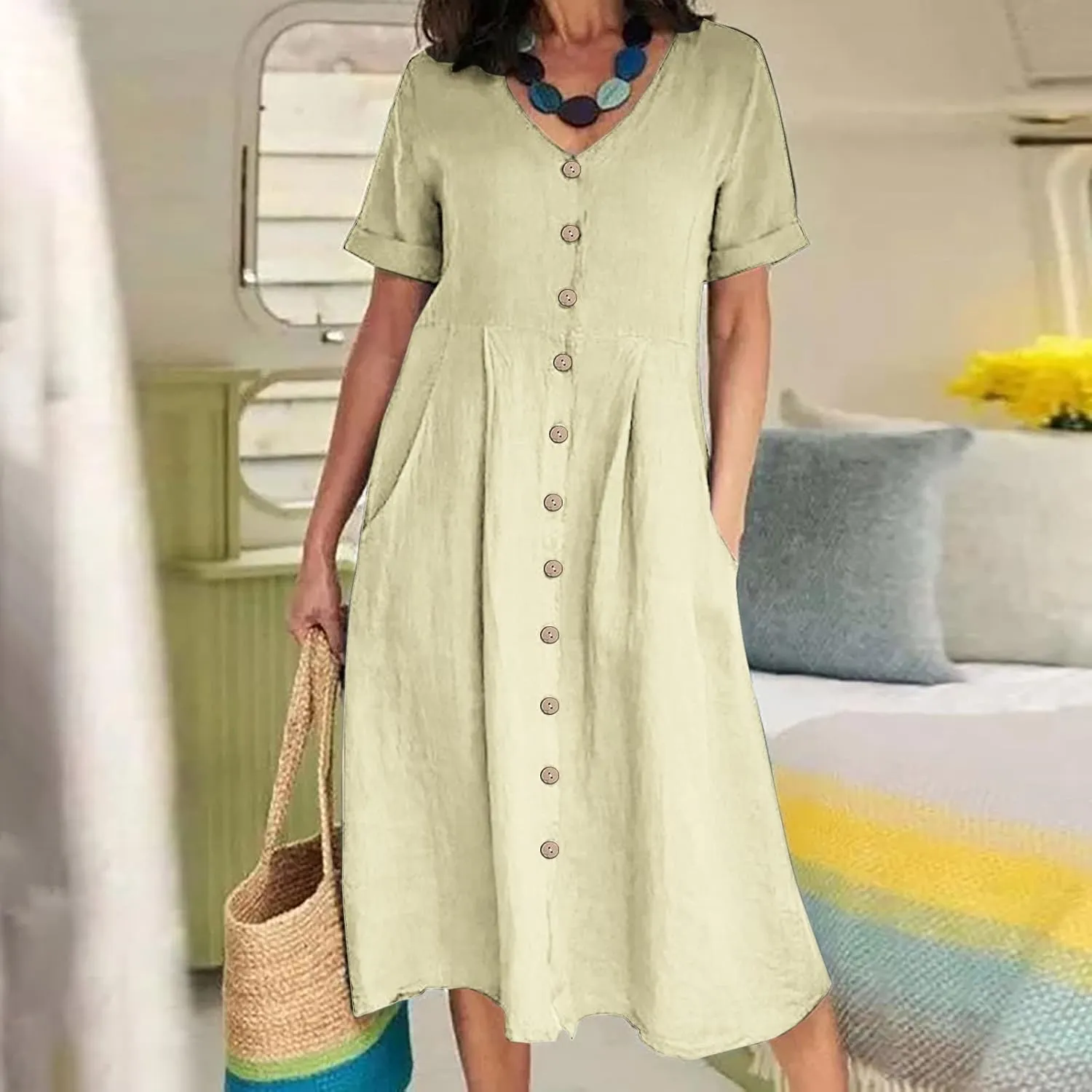 Women's 2025 Plus Size Cotton Linen Dresses Short Sleeve V-Neck Solid Shirt Dress Summer Loose Fit Dress with Pockets
