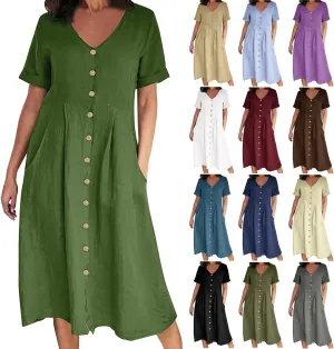 Women's 2025 Plus Size Cotton Linen Dresses Short Sleeve V-Neck Solid Shirt Dress Summer Loose Fit Dress with Pockets