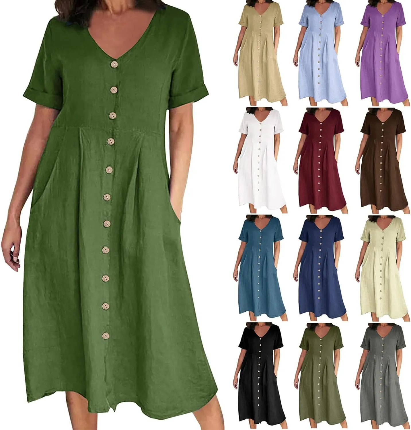 Women's 2025 Plus Size Cotton Linen Dresses Short Sleeve V-Neck Solid Shirt Dress Summer Loose Fit Dress with Pockets