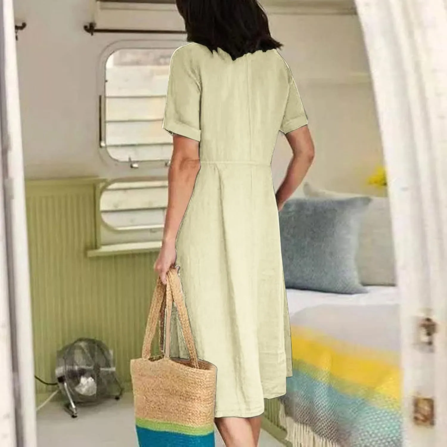 Women's 2025 Plus Size Cotton Linen Dresses Short Sleeve V-Neck Solid Shirt Dress Summer Loose Fit Dress with Pockets