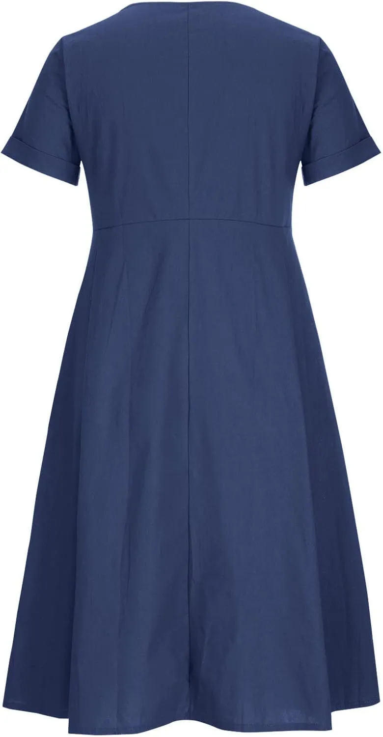 Women's 2025 Plus Size Cotton Linen Dresses Short Sleeve V-Neck Solid Shirt Dress Summer Loose Fit Dress with Pockets