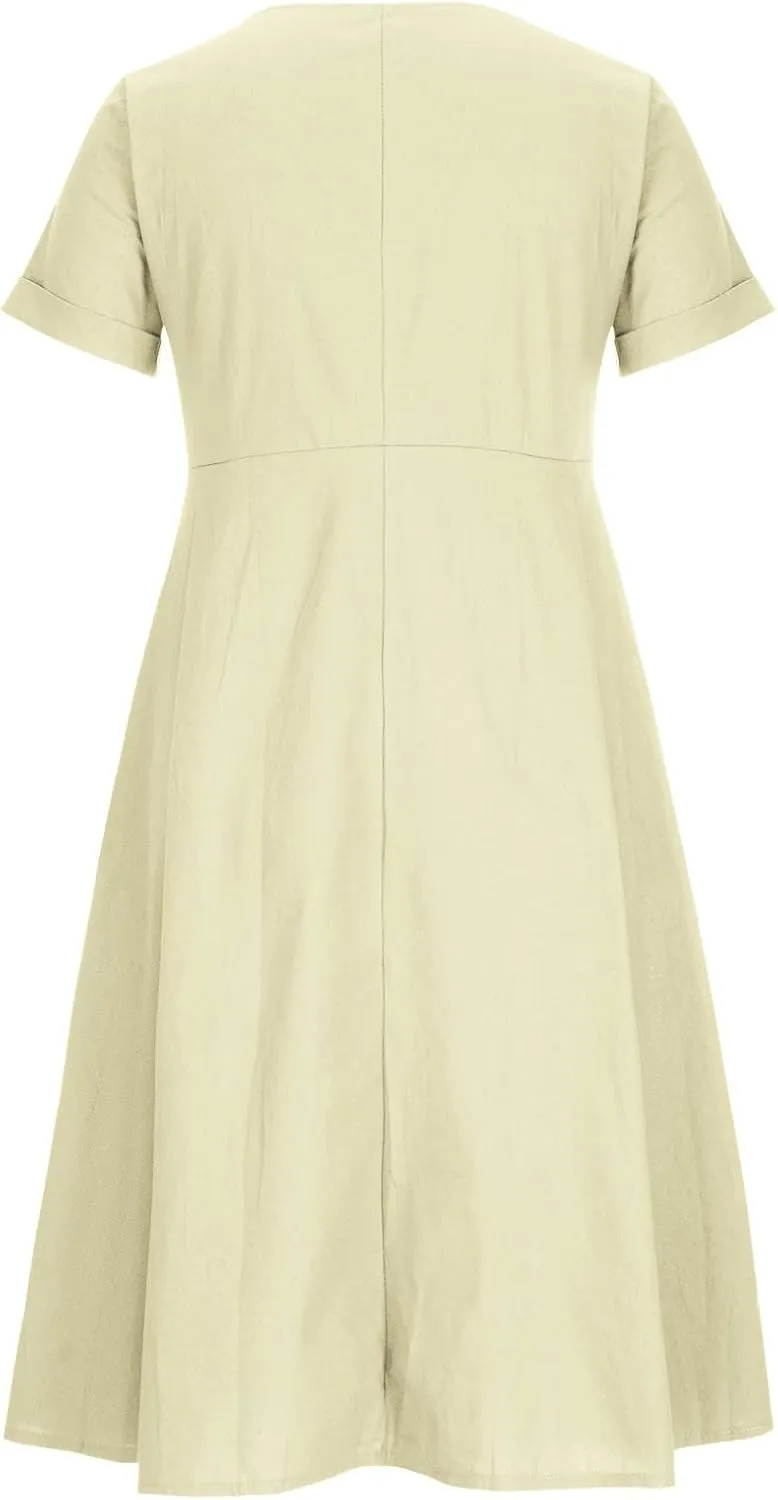 Women's 2025 Plus Size Cotton Linen Dresses Short Sleeve V-Neck Solid Shirt Dress Summer Loose Fit Dress with Pockets