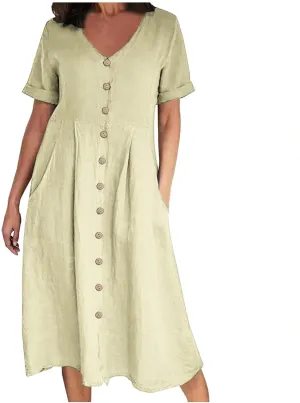 Women's 2025 Plus Size Cotton Linen Dresses Short Sleeve V-Neck Solid Shirt Dress Summer Loose Fit Dress with Pockets