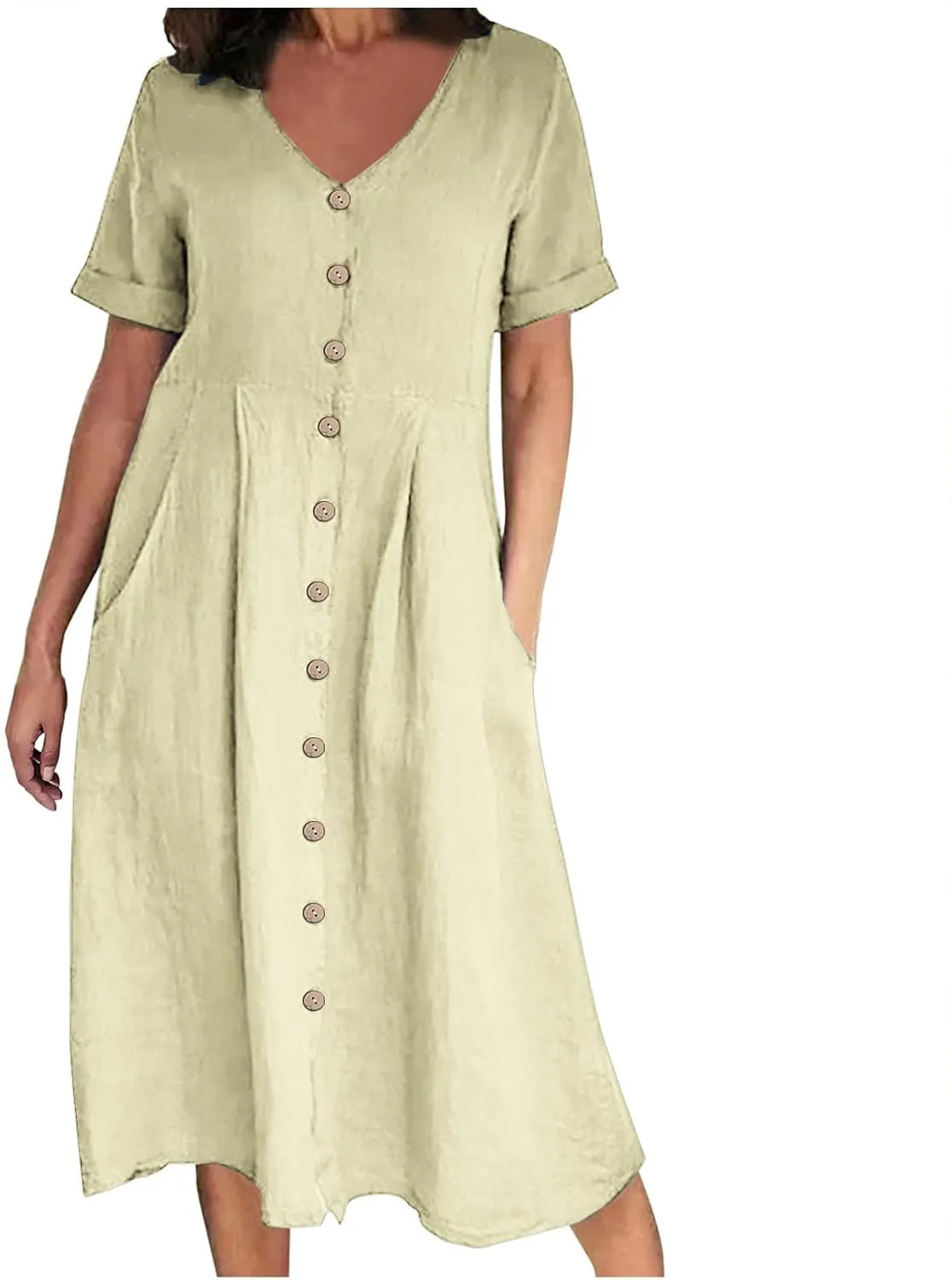 Women's 2025 Plus Size Cotton Linen Dresses Short Sleeve V-Neck Solid Shirt Dress Summer Loose Fit Dress with Pockets