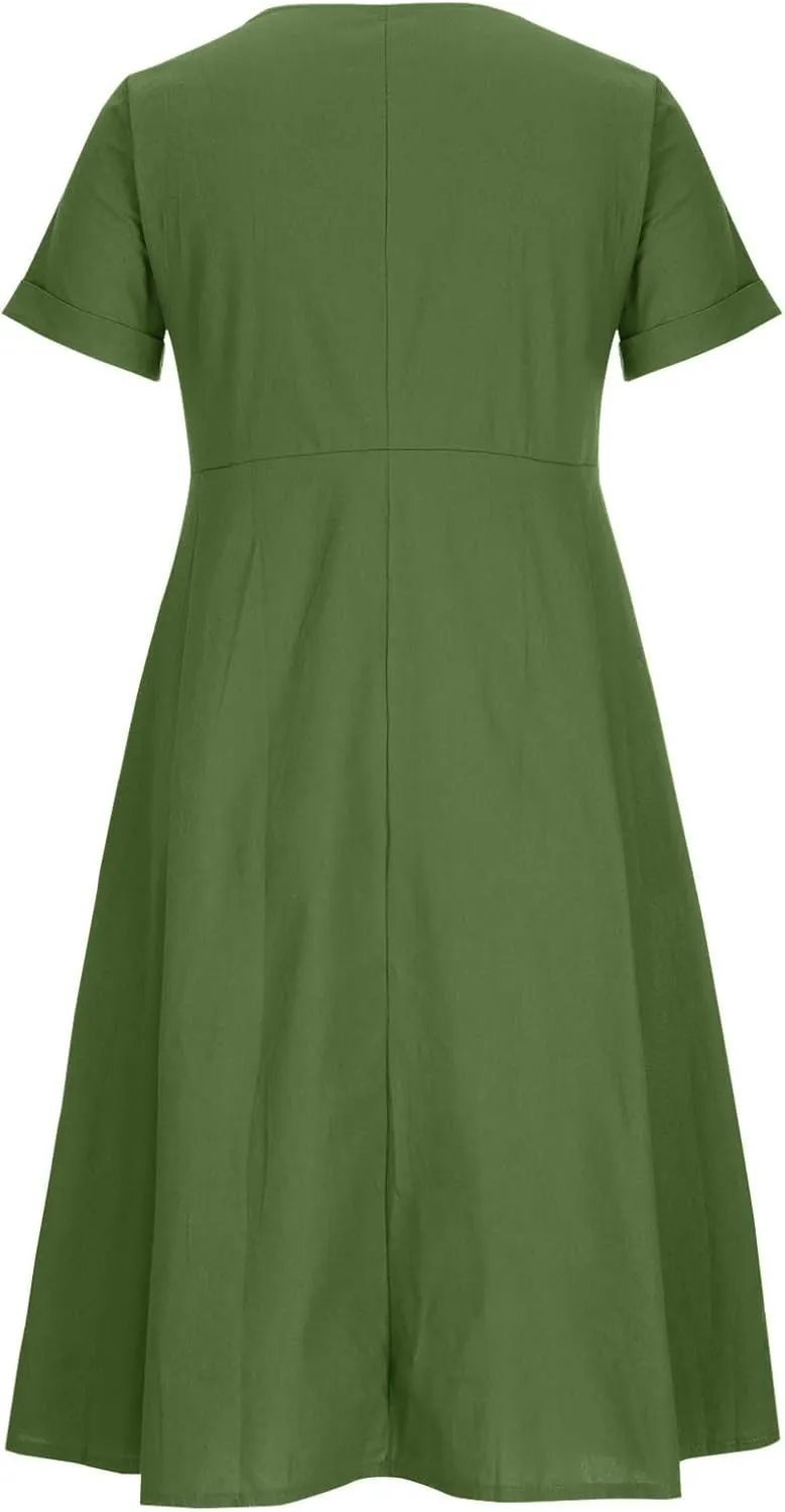 Women's 2025 Plus Size Cotton Linen Dresses Short Sleeve V-Neck Solid Shirt Dress Summer Loose Fit Dress with Pockets