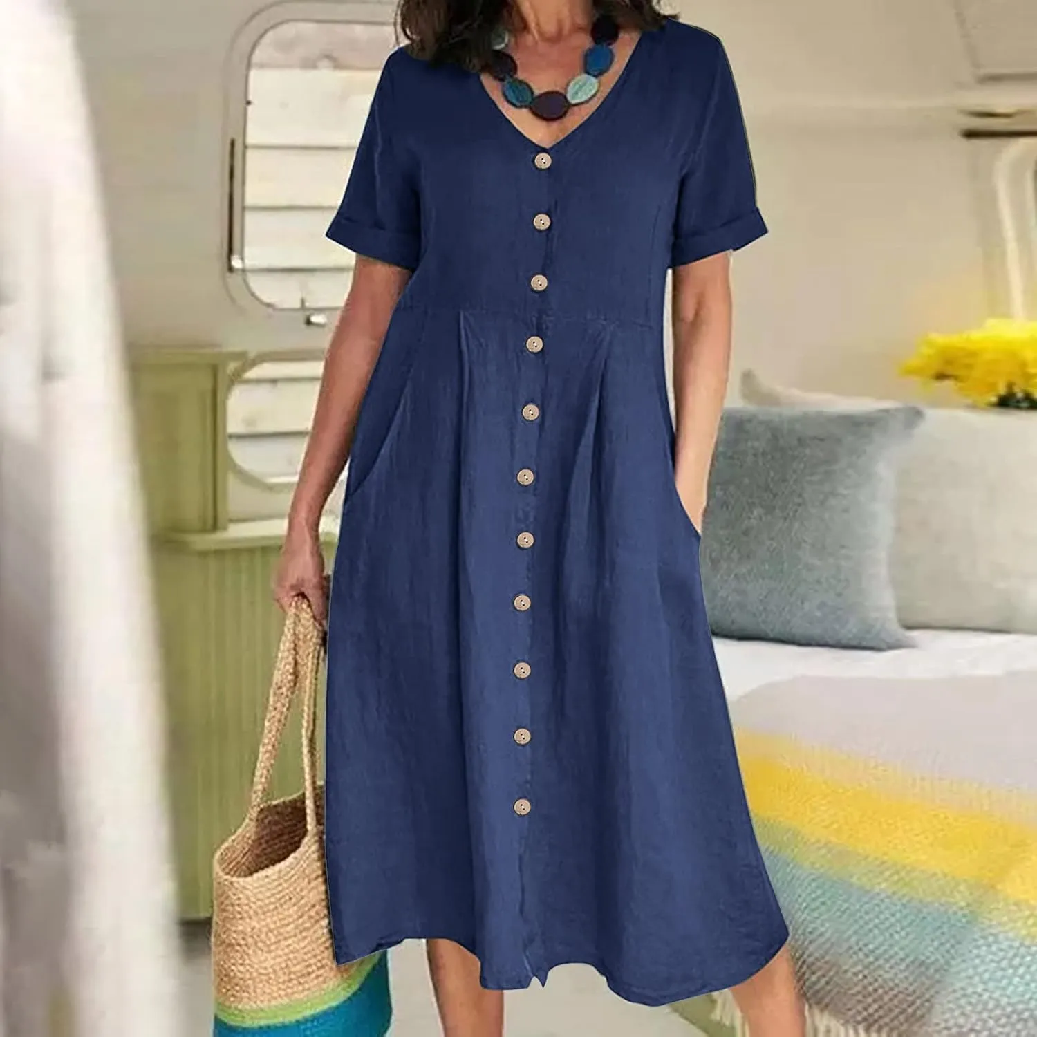 Women's 2025 Plus Size Cotton Linen Dresses Short Sleeve V-Neck Solid Shirt Dress Summer Loose Fit Dress with Pockets