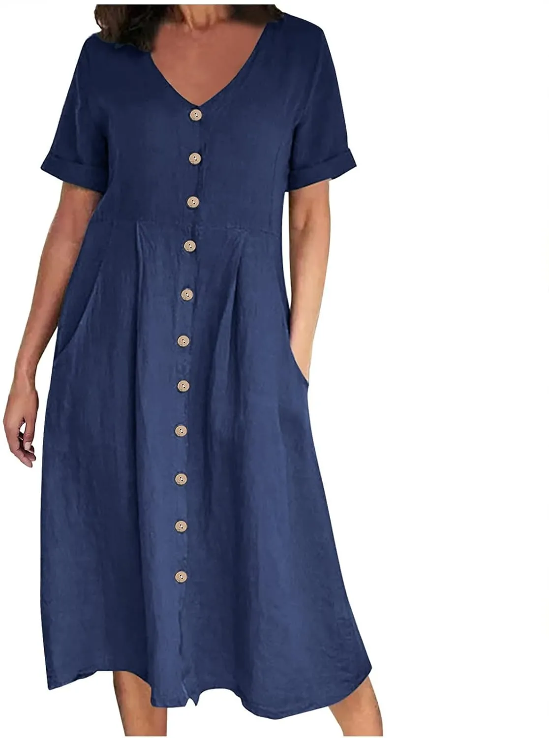 Women's 2025 Plus Size Cotton Linen Dresses Short Sleeve V-Neck Solid Shirt Dress Summer Loose Fit Dress with Pockets