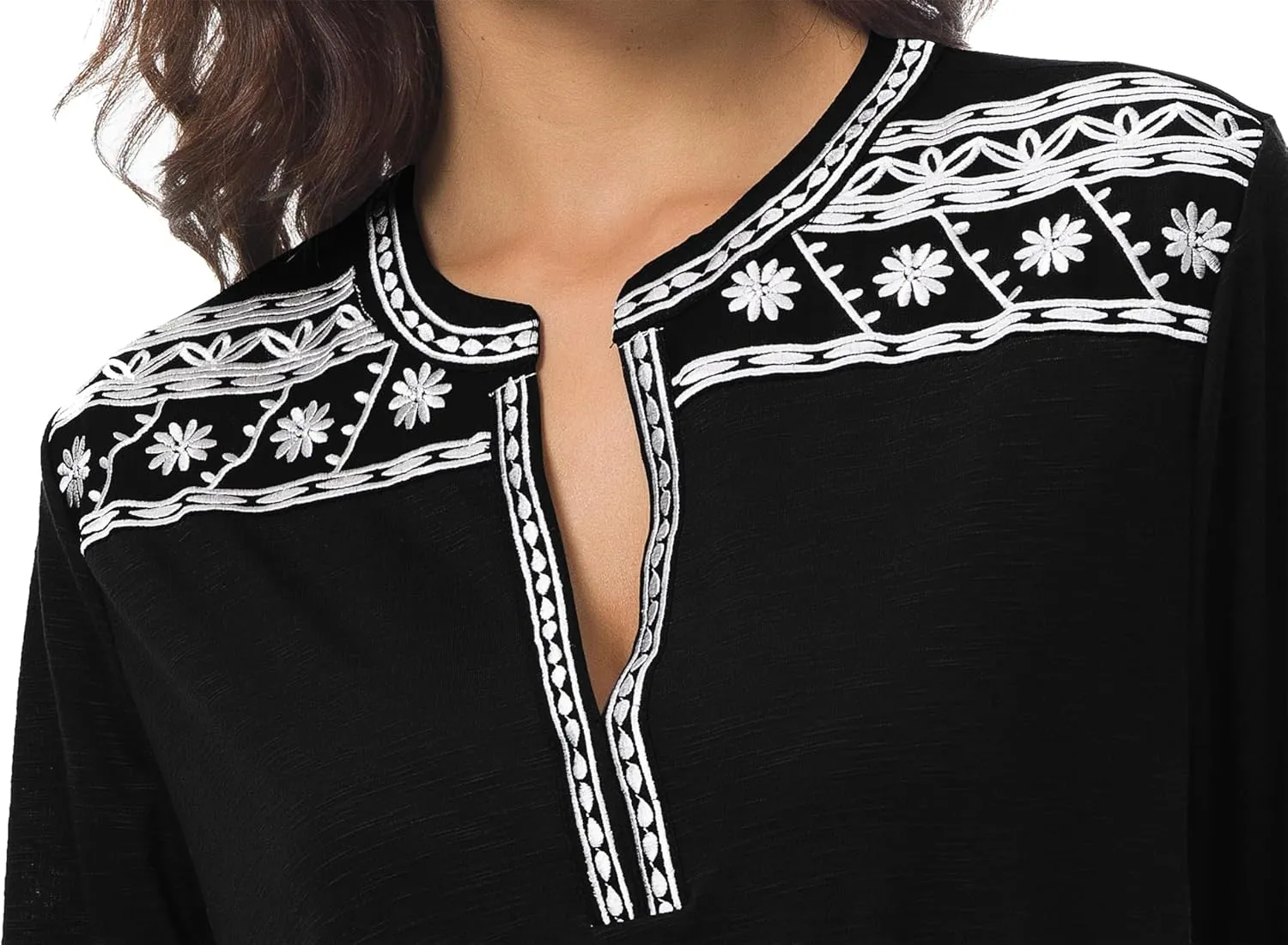 Women's 3/4 Sleeve Boho Shirts Embroidered Peasant Top