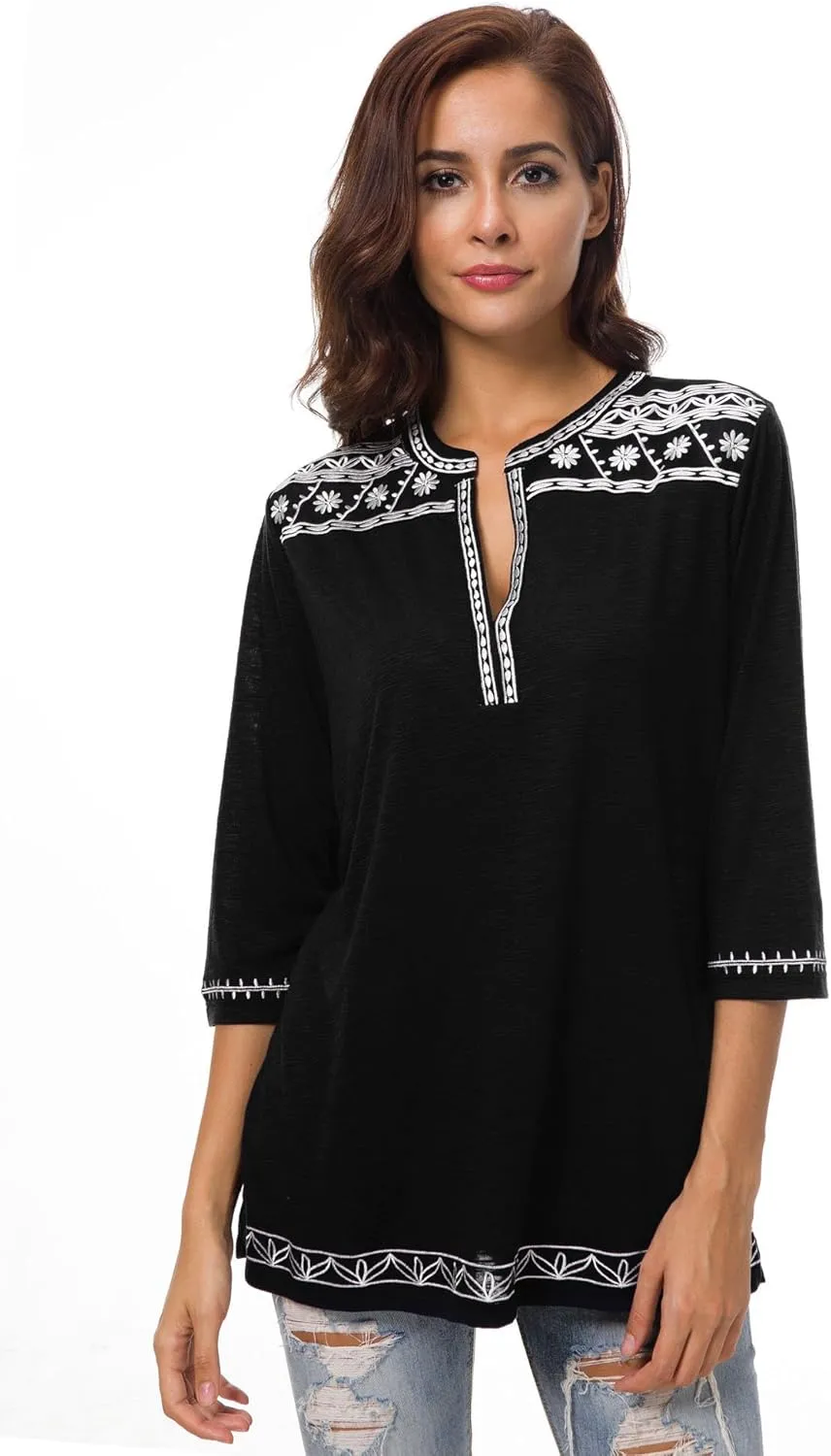 Women's 3/4 Sleeve Boho Shirts Embroidered Peasant Top