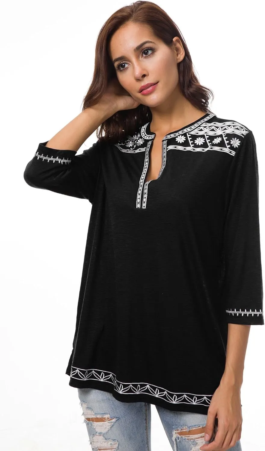 Women's 3/4 Sleeve Boho Shirts Embroidered Peasant Top