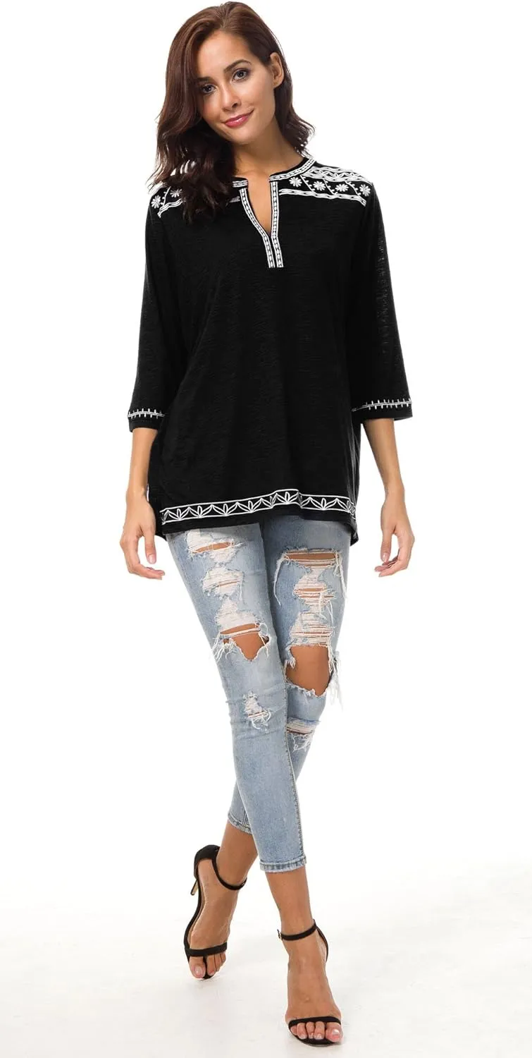 Women's 3/4 Sleeve Boho Shirts Embroidered Peasant Top