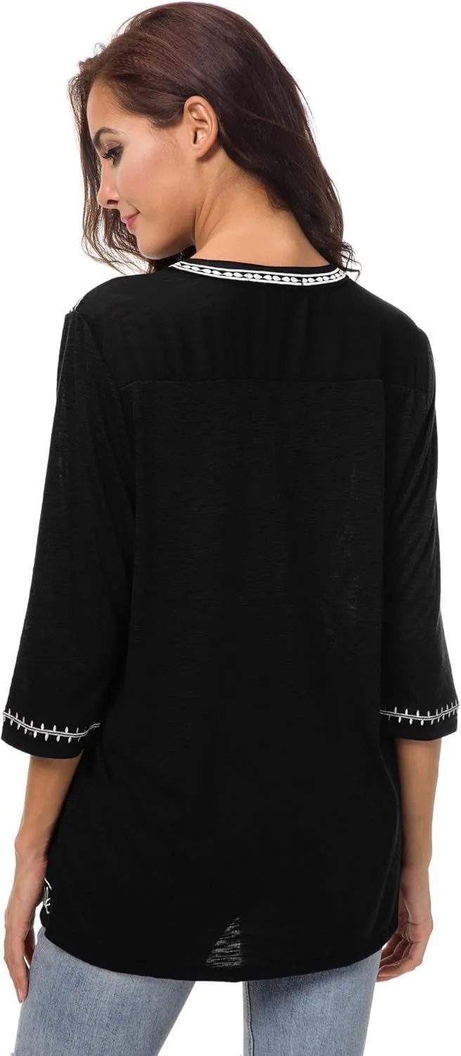 Women's 3/4 Sleeve Boho Shirts Embroidered Peasant Top