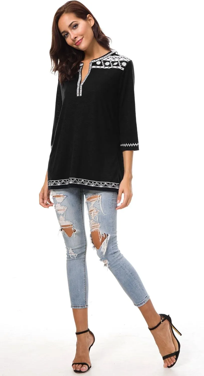 Women's 3/4 Sleeve Boho Shirts Embroidered Peasant Top