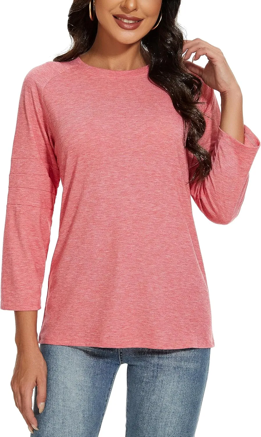 Womens 3/4 Sleeve Shirts Patchwork Blouse Fashion Crewneck Tops Solid Tee Casual Comfy T-Shirt