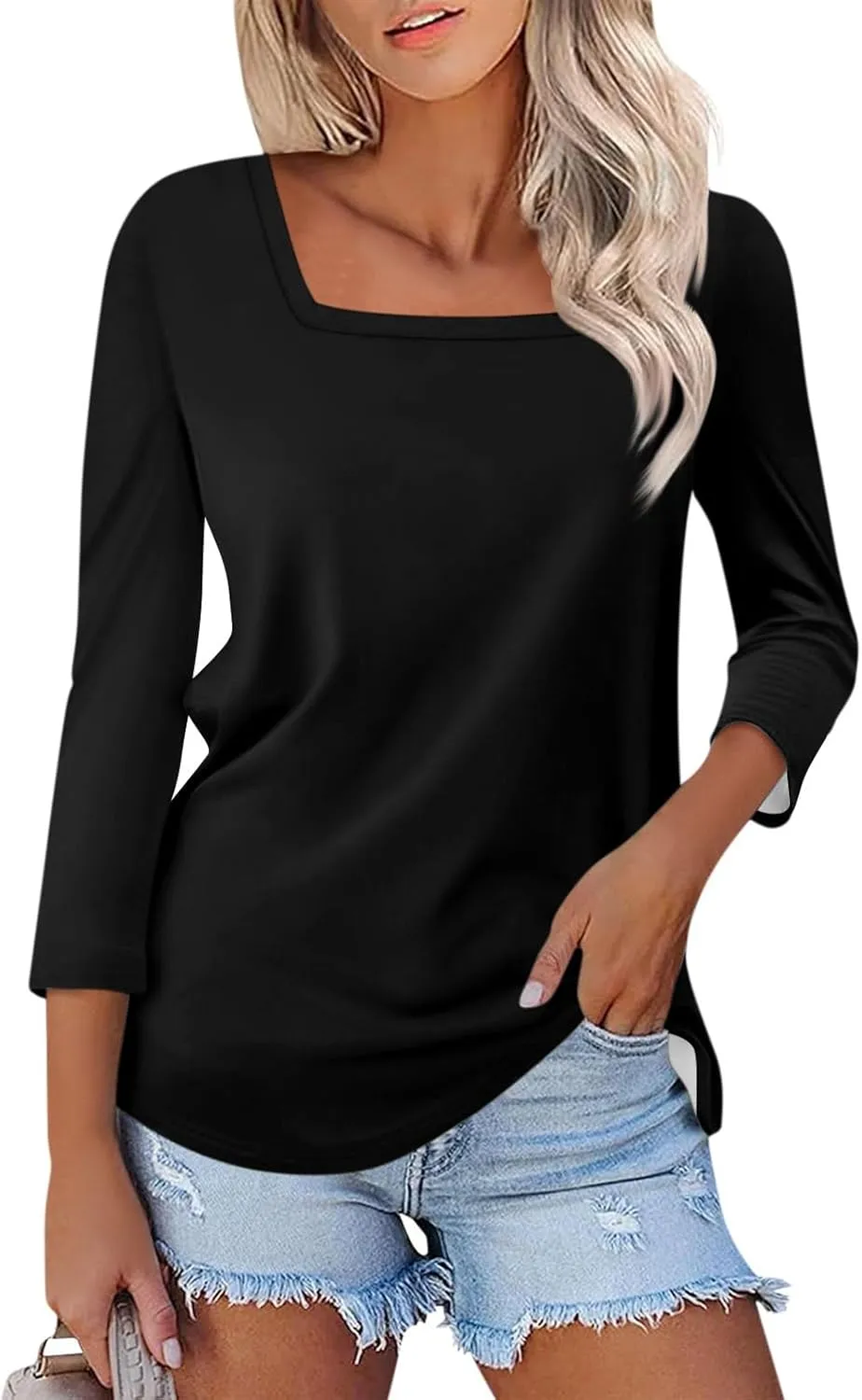 Womens 3/4 Sleeve Tops and Blouses Square Neck Holiday Cute Shirts Dressy Casual Three Quarter Workout Tunic Tops