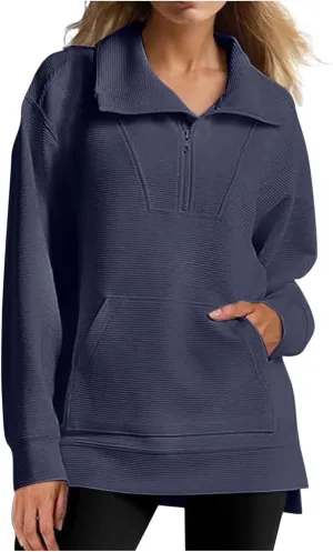 Womens 3/4 Zip Pullover Stand Collar Half Zip Sweatshirt with Pocket Casual Loose Fit Tunic Tops 2025 Spring Outfits