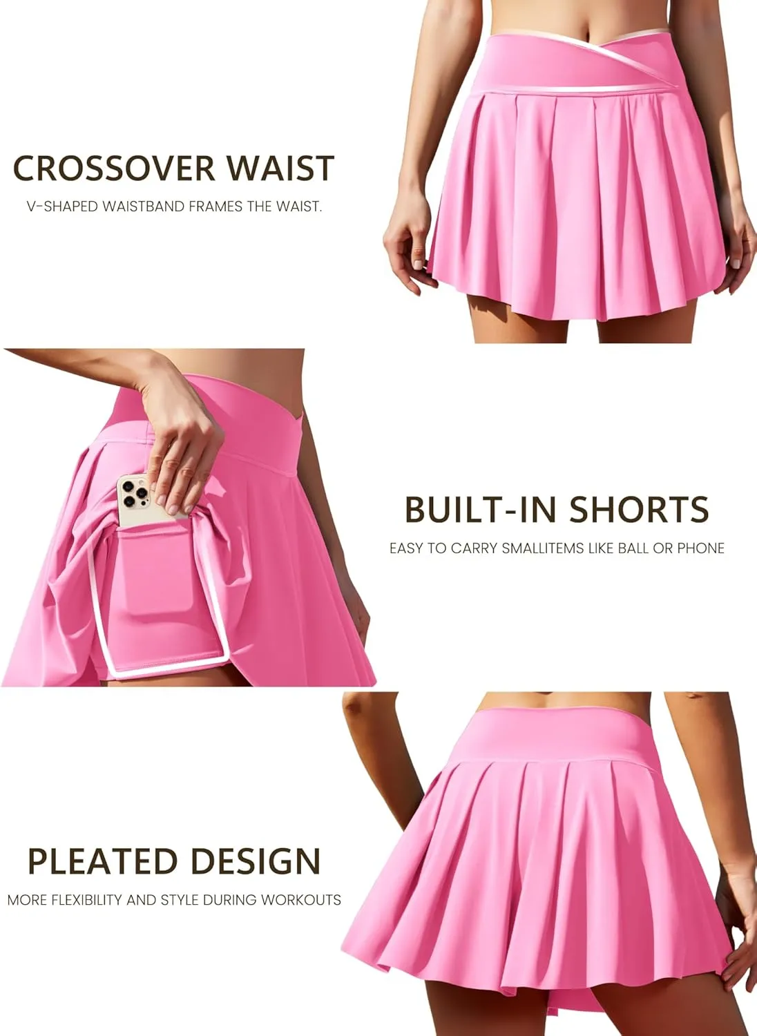 Women's Athletic Skirts Crossover Wide Waistband Flowy Tennis Sports Skort with Inner Shorts Pockets