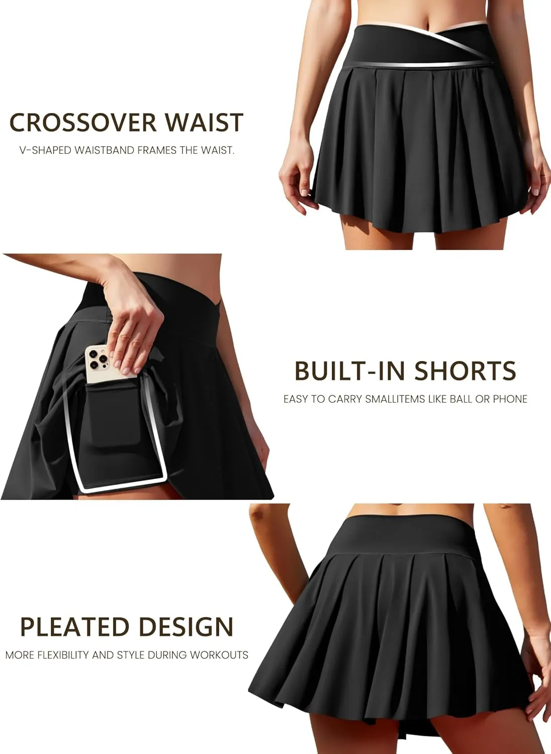 Women's Athletic Skirts Crossover Wide Waistband Flowy Tennis Sports Skort with Inner Shorts Pockets