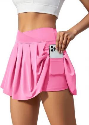 Women's Athletic Skirts Crossover Wide Waistband Flowy Tennis Sports Skort with Inner Shorts Pockets