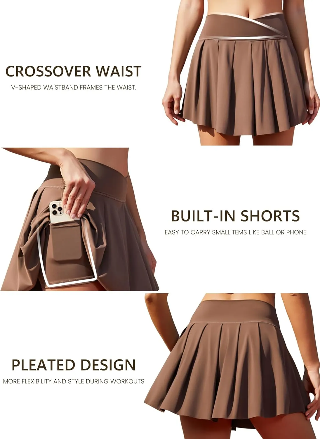 Women's Athletic Skirts Crossover Wide Waistband Flowy Tennis Sports Skort with Inner Shorts Pockets