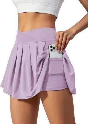 Women's Athletic Skirts Crossover Wide Waistband Flowy Tennis Sports Skort with Inner Shorts Pockets
