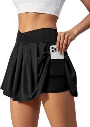 Women's Athletic Skirts Crossover Wide Waistband Flowy Tennis Sports Skort with Inner Shorts Pockets