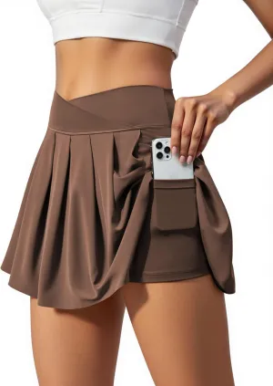 Women's Athletic Skirts Crossover Wide Waistband Flowy Tennis Sports Skort with Inner Shorts Pockets
