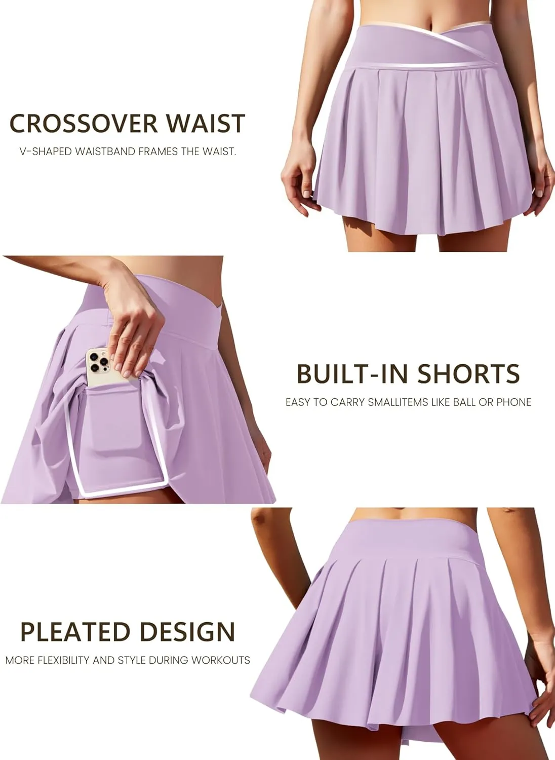 Women's Athletic Skirts Crossover Wide Waistband Flowy Tennis Sports Skort with Inner Shorts Pockets