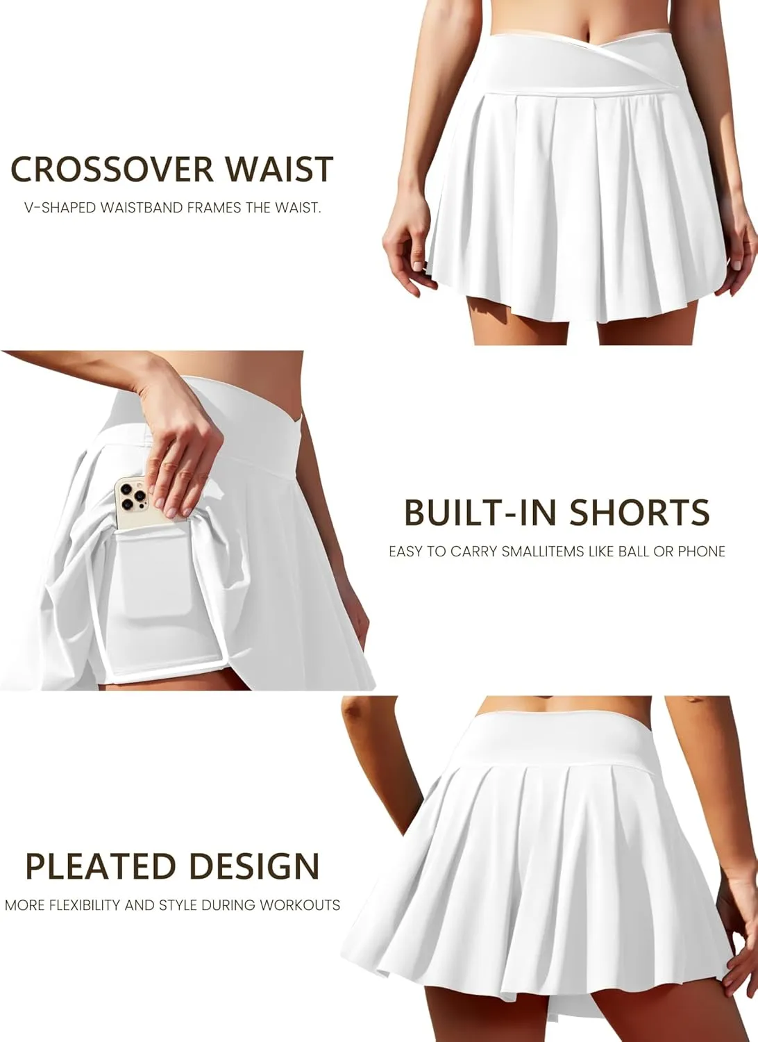 Women's Athletic Skirts Crossover Wide Waistband Flowy Tennis Sports Skort with Inner Shorts Pockets