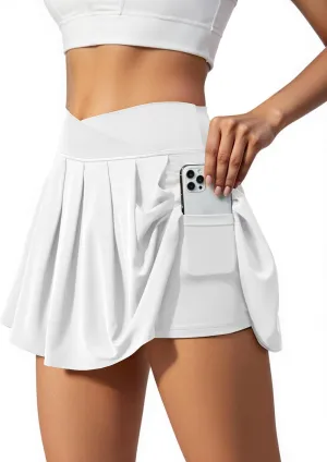 Women's Athletic Skirts Crossover Wide Waistband Flowy Tennis Sports Skort with Inner Shorts Pockets