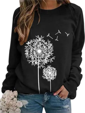 Women's Basic Hoddies Solid Color Cute Printed Loose Comfy Round Neck Long Sleeve Pullover Tunics Outdoor Running Tops
