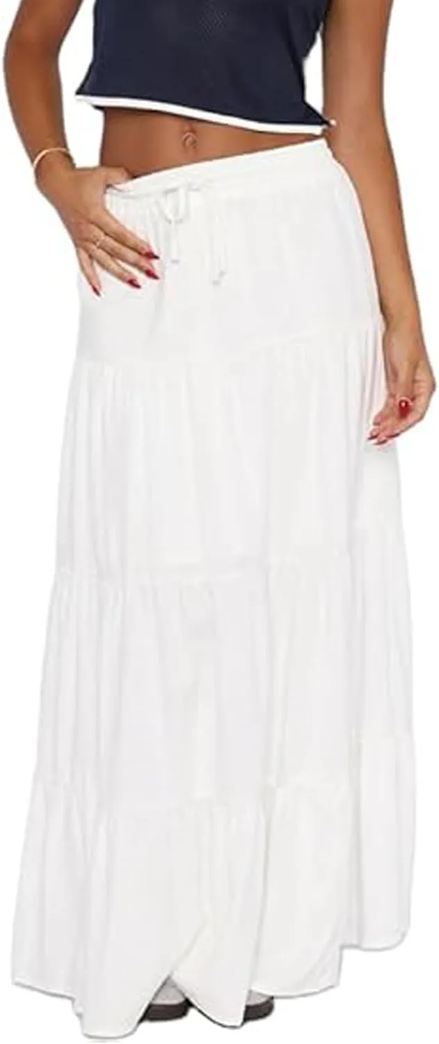 Women's Bohemian Long Skirts Vintage Y2k Ruffle Maxi Elastic High Waist A-Line Tiered Skirts Beachwear