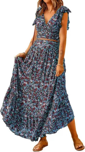 Womens Boho Dress 2 Pieces Outfits Wrap V Neck Ruffle Floral Tank Top and Long Maxi Skirt Set Flowy Maxi Dresses