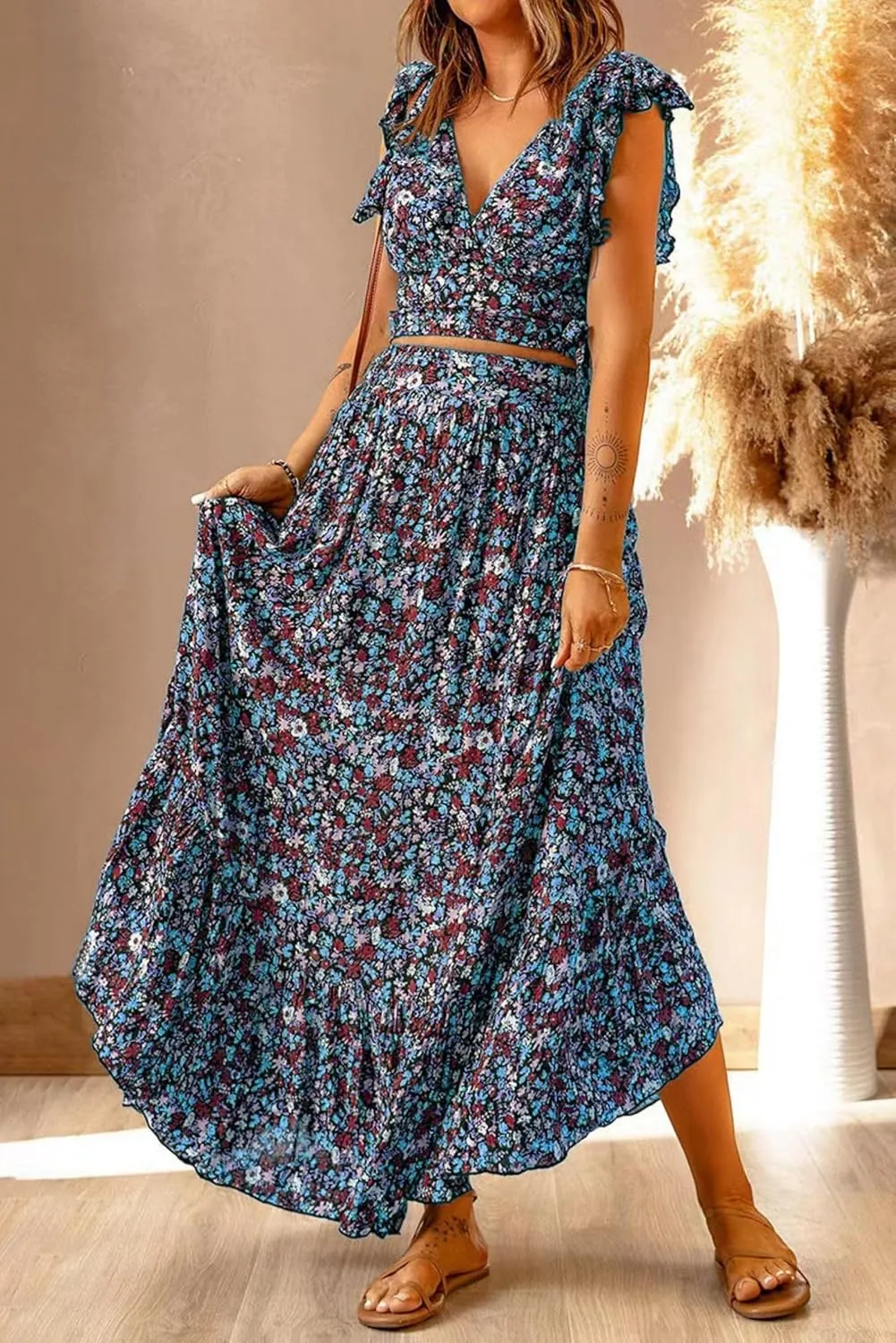 Womens Boho Dress 2 Pieces Outfits Wrap V Neck Ruffle Floral Tank Top and Long Maxi Skirt Set Flowy Maxi Dresses