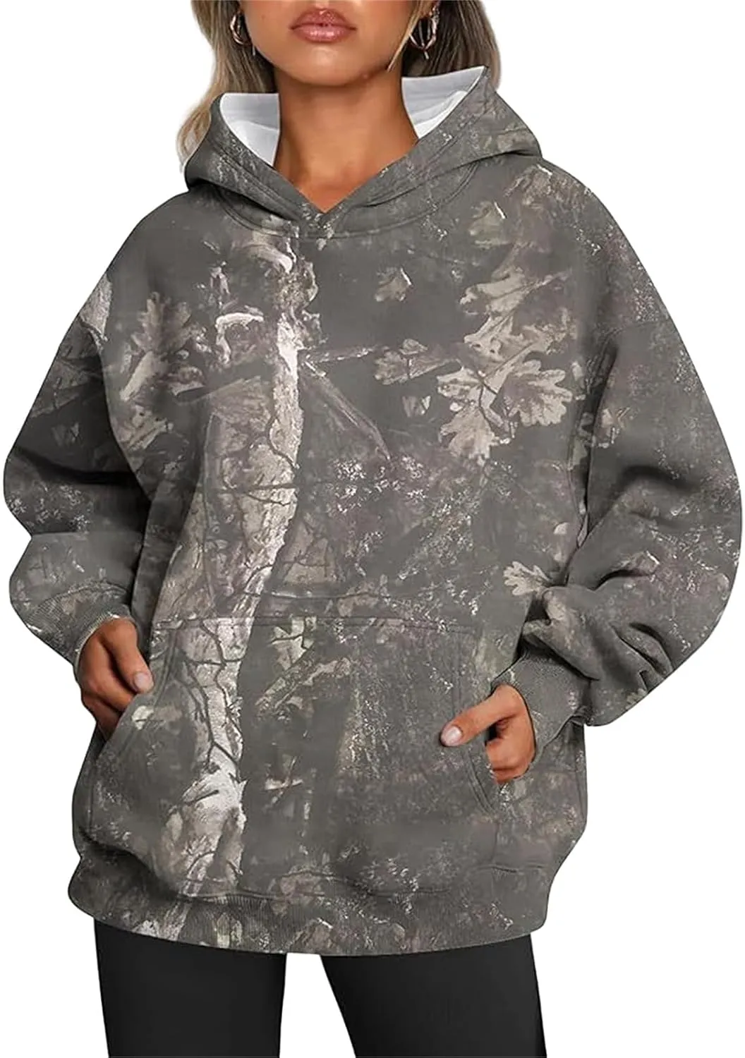 Womens Camo Hoodies Casual Loose Fit Long Sleeve Sweatshirts Maple Leaf Print Oversized Pullover Tops with Pocket